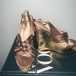 YSL Idole Metallic Gold Patent Leather Strappy Nude Caged Platform Wedges